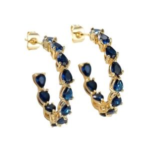 Sapphire Blue Gold Toned C Shaped Hoop Earrings
